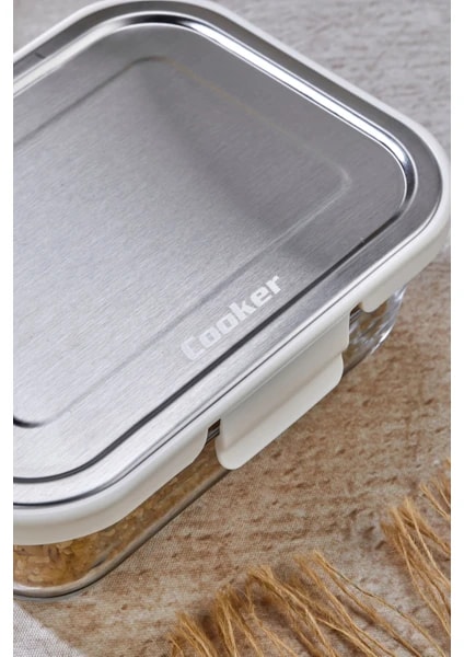 Cooker 1000 ml Cam Saklama Kabı KREM – Paslanmaz Çelik Kapaklı, Hava Geçirmez, Mikrodalga ve Buzdolabı Uyumlu