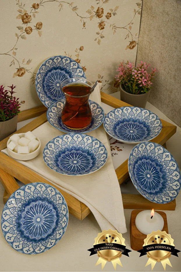FARİKA 6 ADET MAVİ DESENLİ ÇAY TABAĞI PORSELEN 11 CM