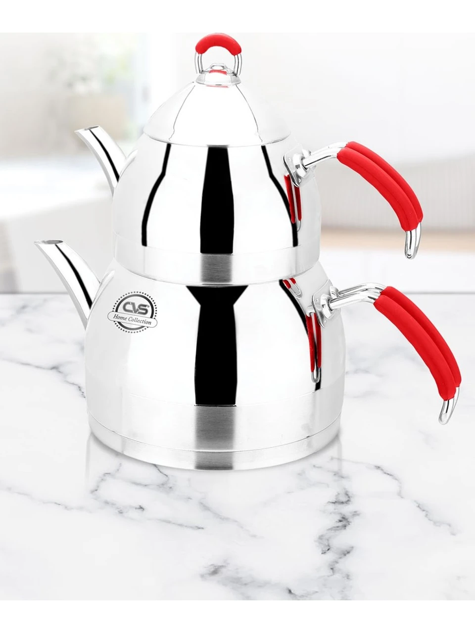 CVS ORTA BOY KIRMIZI SİLİKONLU ÇAYDANLIK 304 KALİTE PASLANMAZ ÇELİK