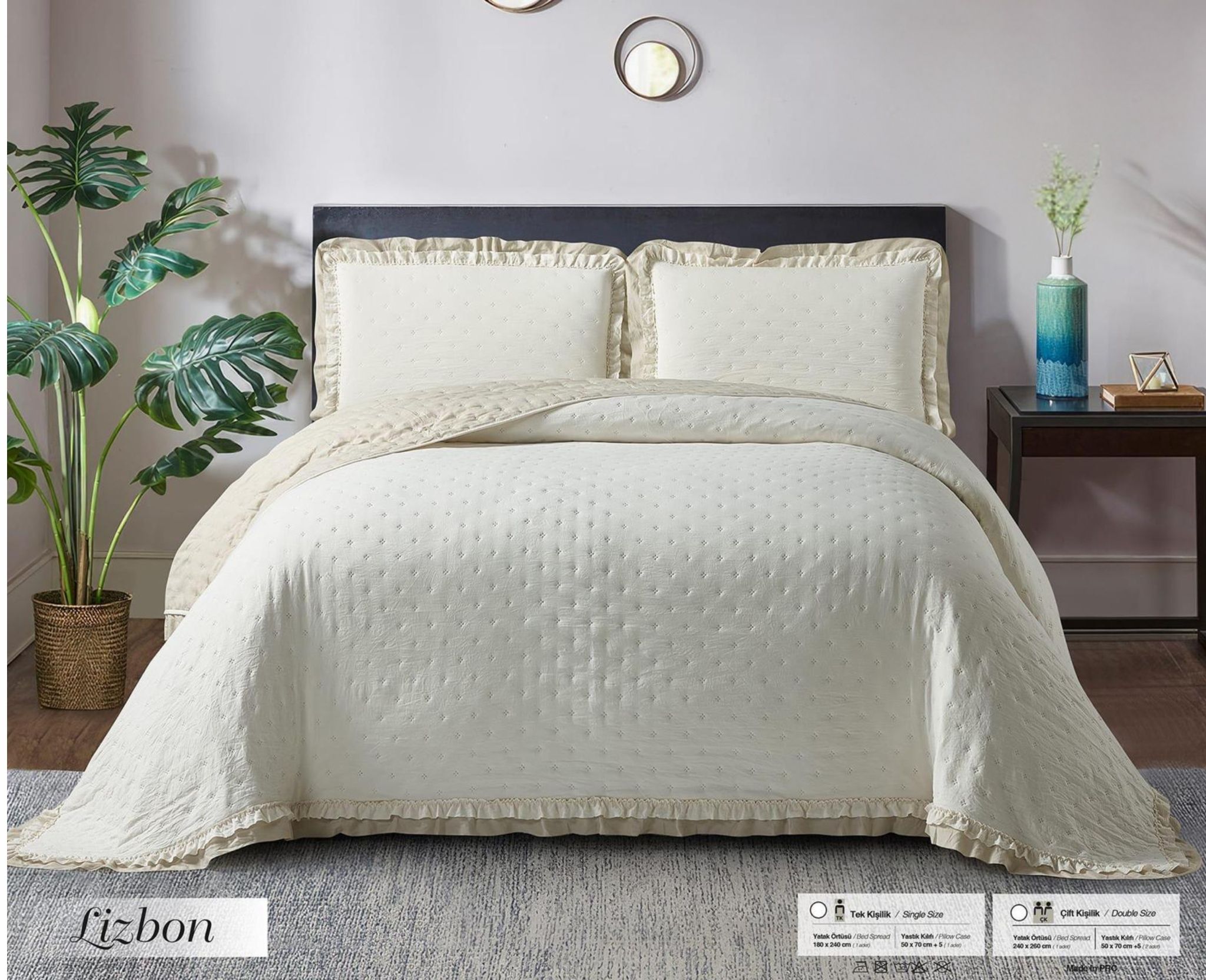GOLDEN HOME LİZBON MODEL  ÇİFT KİŞİLİK KREM YATAK ÖRTÜSÜ