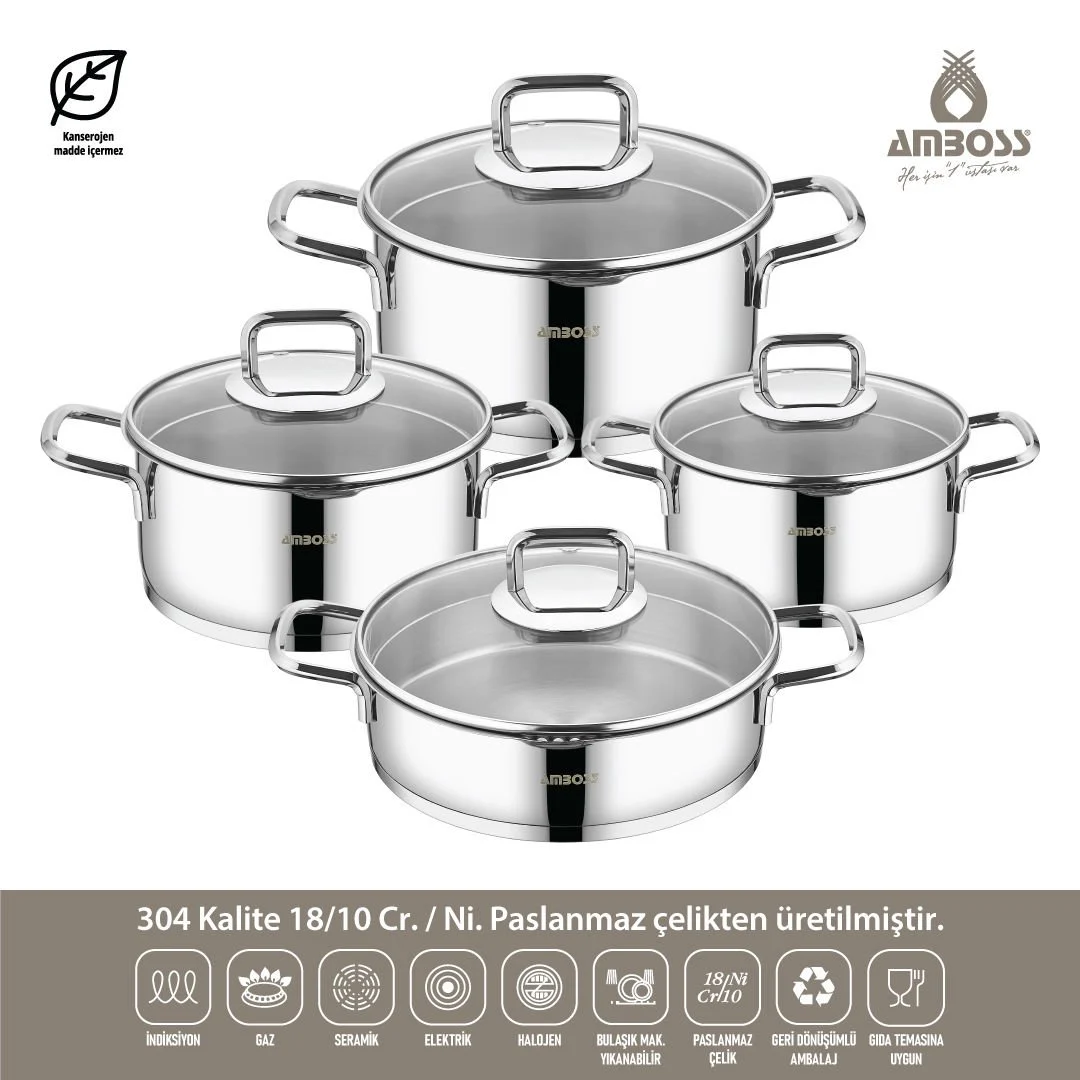 Amboss Diamond Strainer Paslanmaz Çelik Çelik Kuplu Tencere Seti 8 Parça Cam Kapaklı