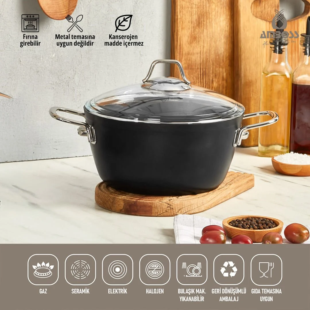 Amboss Dark Derin Tencere  Cam Kapaklı Yanmaz Yapışmaz Titanyum Kaplama   - 24 cm