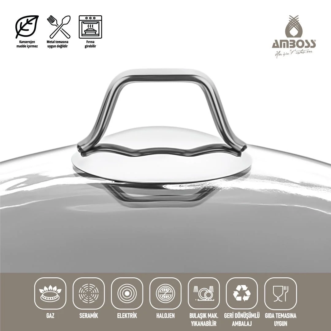 Amboss Dark Basık Tencere  Cam Kapaklı Yanmaz Yapışmaz Titanyum Kaplama   - 28 cm