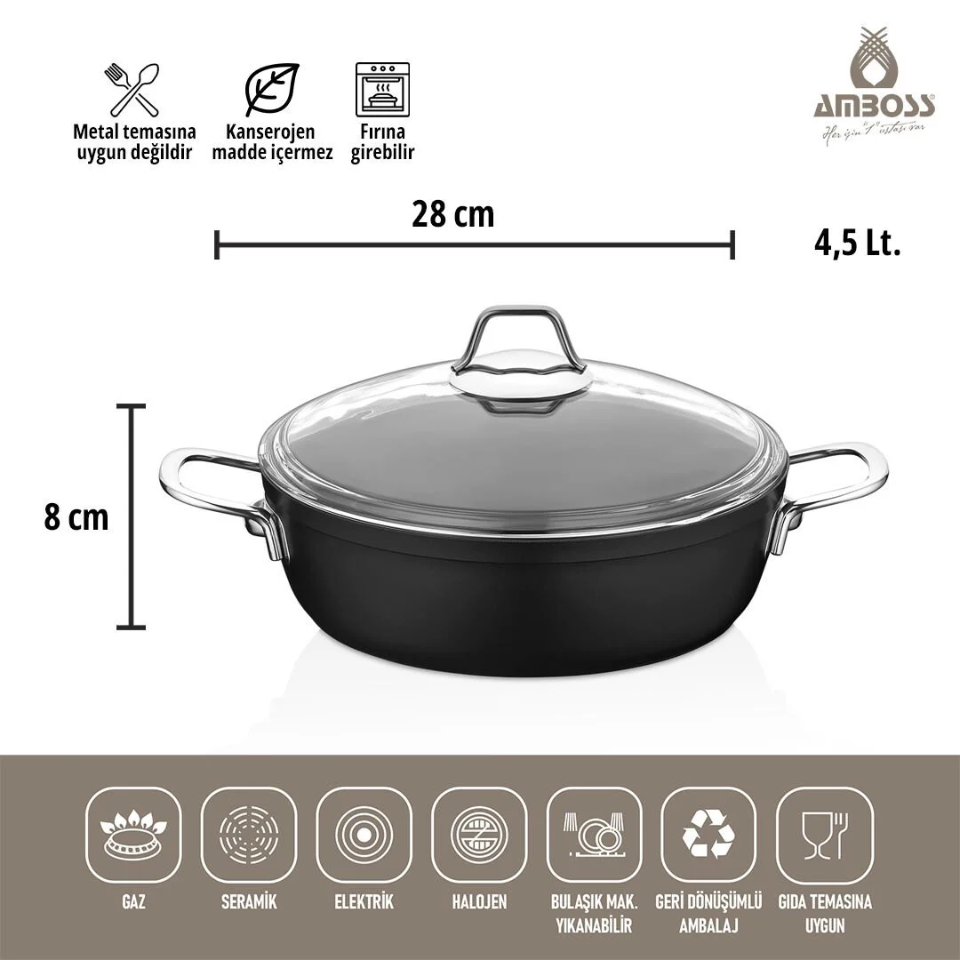 Amboss Dark Basık Tencere  Cam Kapaklı Yanmaz Yapışmaz Titanyum Kaplama   - 28 cm