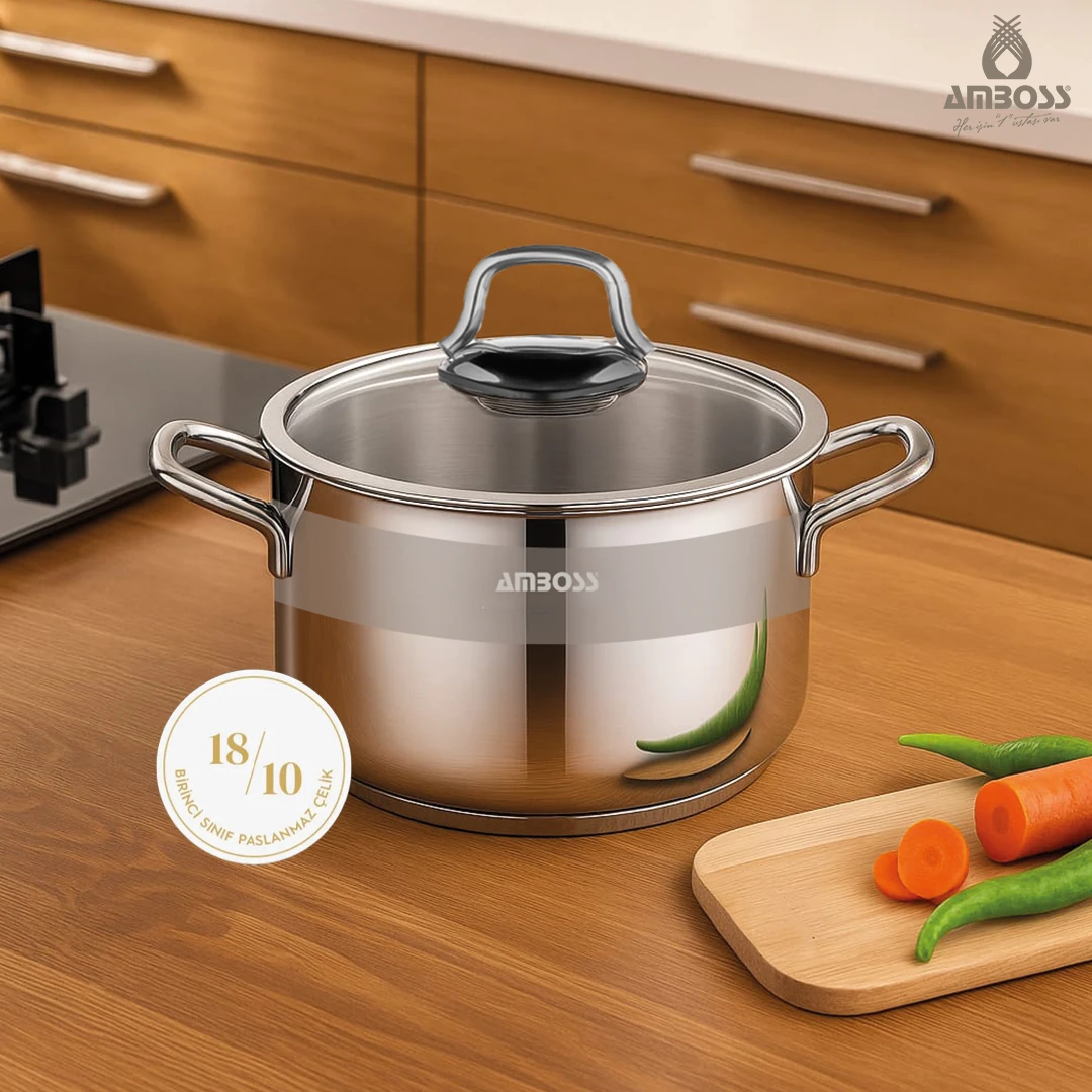 Ambos Saphire Paslanmaz Çelik Cam Kapaklı Derin Tencere - 28 cm