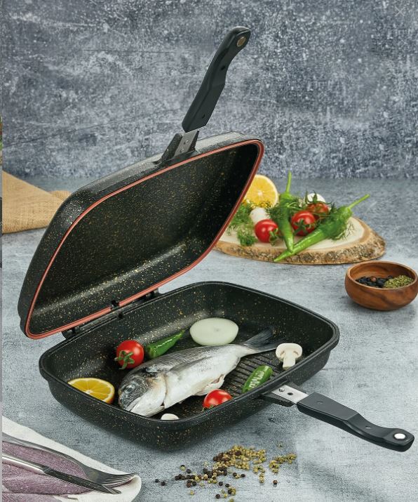 PoloChef İron Granit Döküm Et Tavuk Balık Izgara Tavası 36 cm Siyah