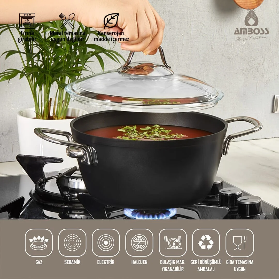 Amboss Dark Derin Tencere  Cam Kapaklı Yanmaz Yapışmaz Titanyum Kaplama   - 26 cm