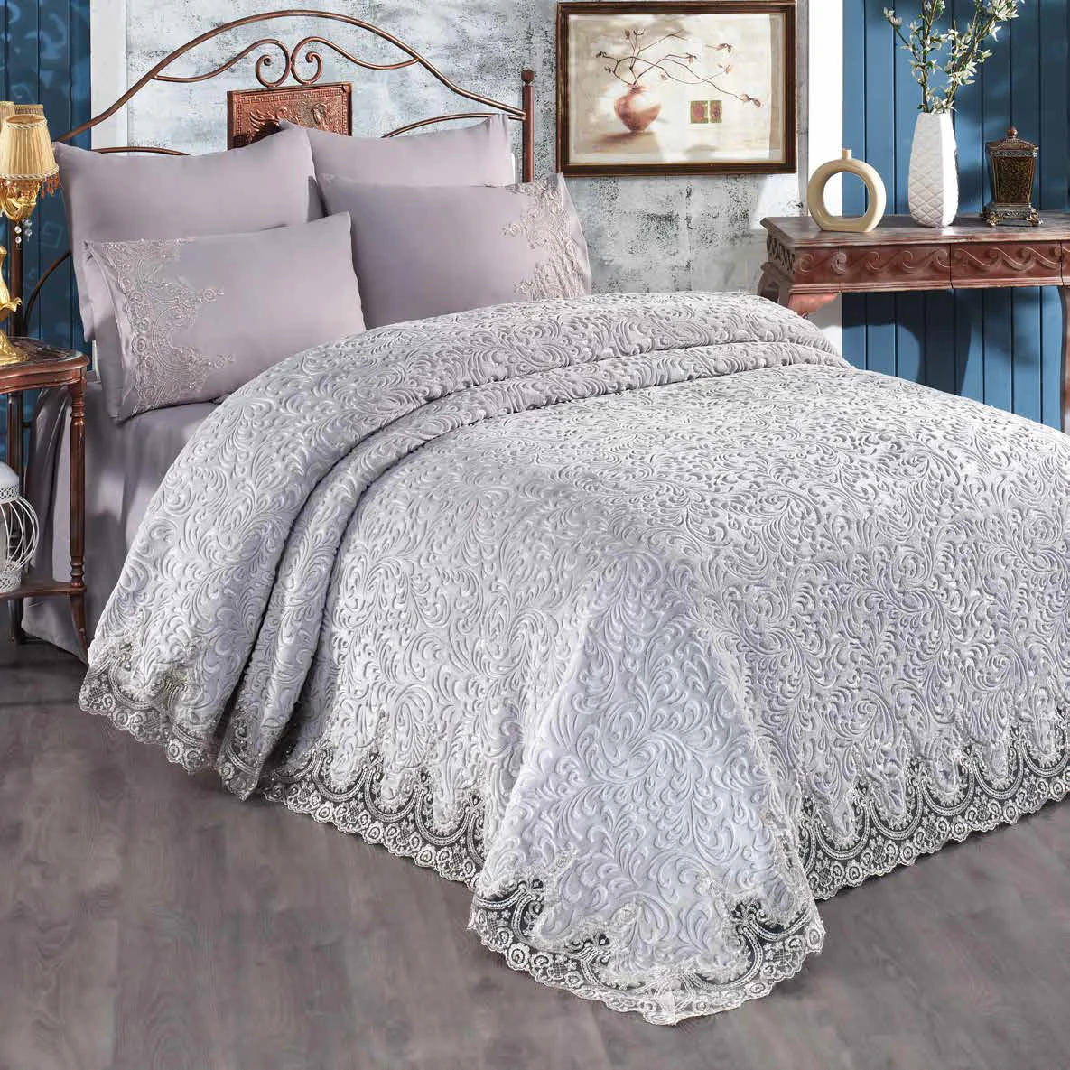 GOLDEN HOME BANU MODEL  6 PARÇA ÇARŞAFLI YASTIKLI BATTANİYE SETİ GRİ