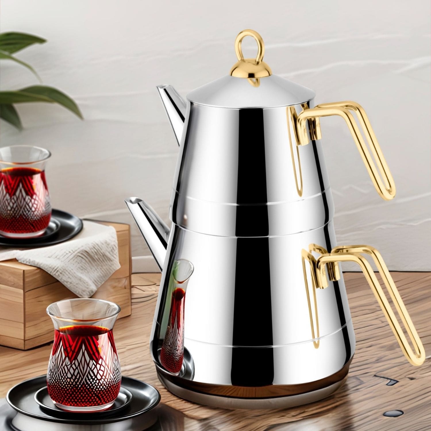 LİNES PİRAMİT XXL 304 KALİTE ALTIN KULPLU ÇAYDANLIK