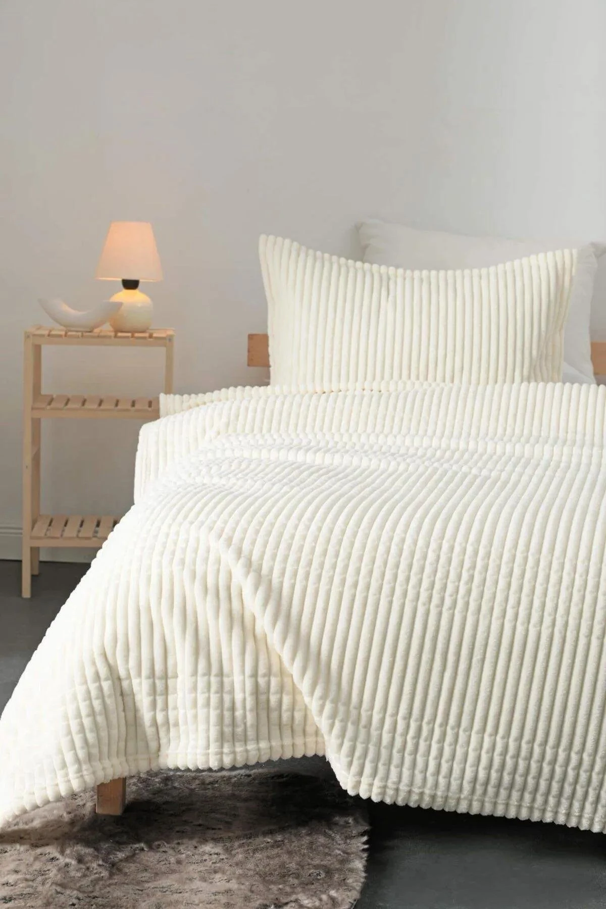 MERİNOS MODERN LİNE YASTIK KILIFLI BATTANİYE SETİ TEK KİŞİLİK EKRU