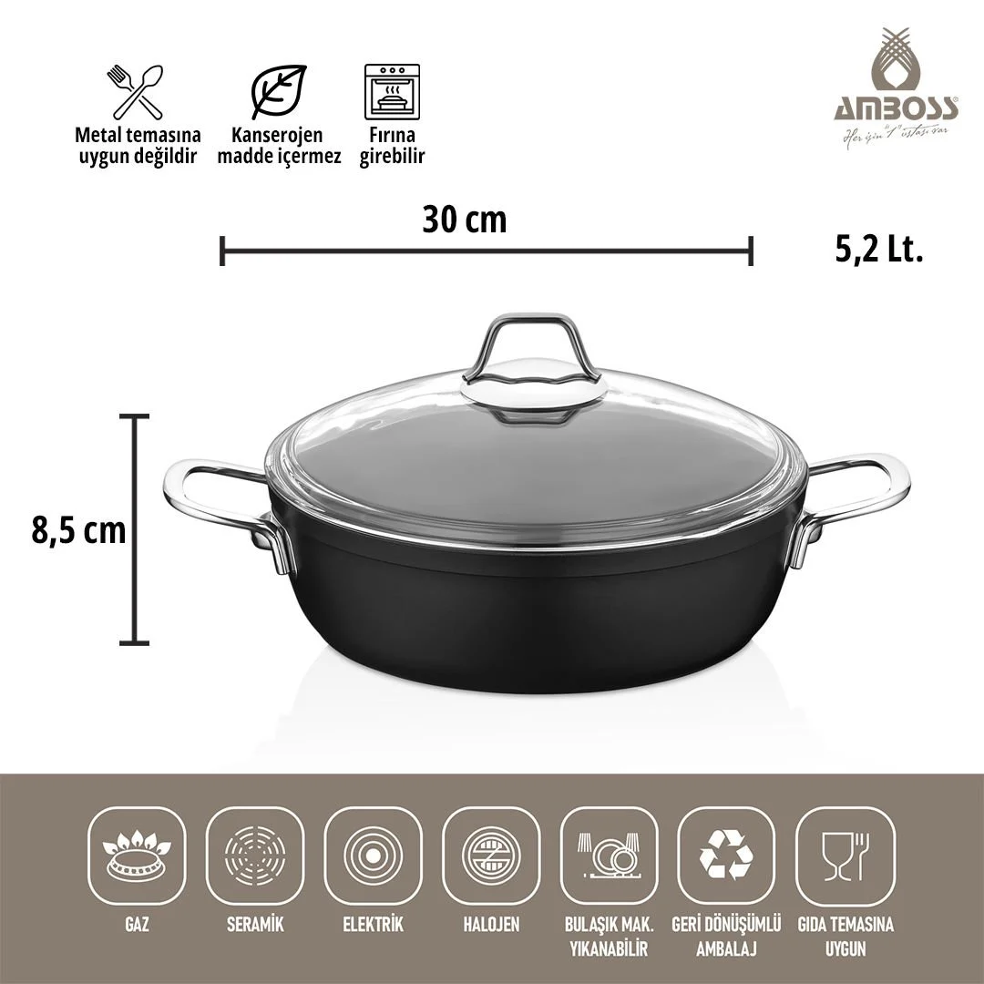 Amboss Dark Basık Tencere  Cam Kapaklı Yanmaz Yapışmaz Titanyum Kaplama   - 30 cm