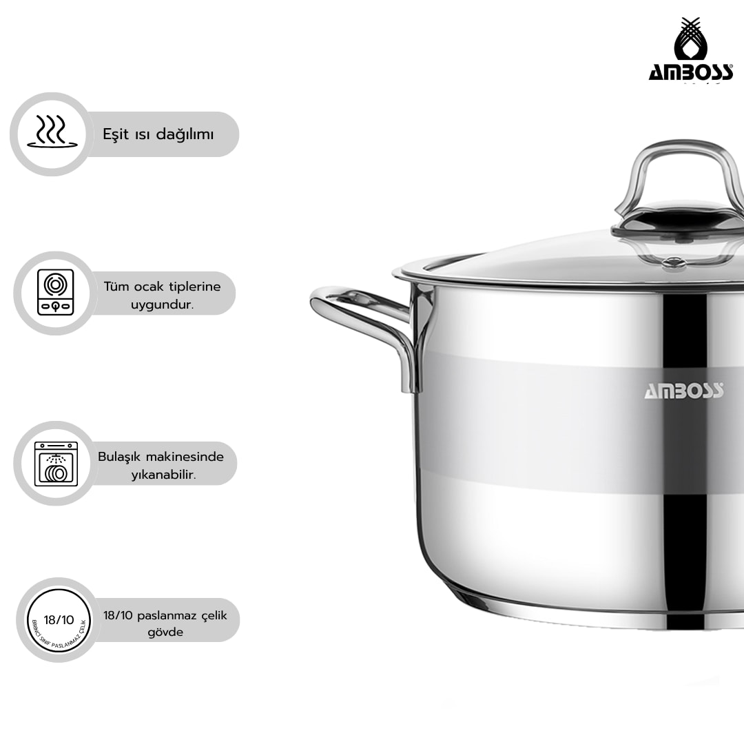 Ambos Saphire Paslanmaz Çelik Cam Kapaklı Derin Tencere - 26 cm