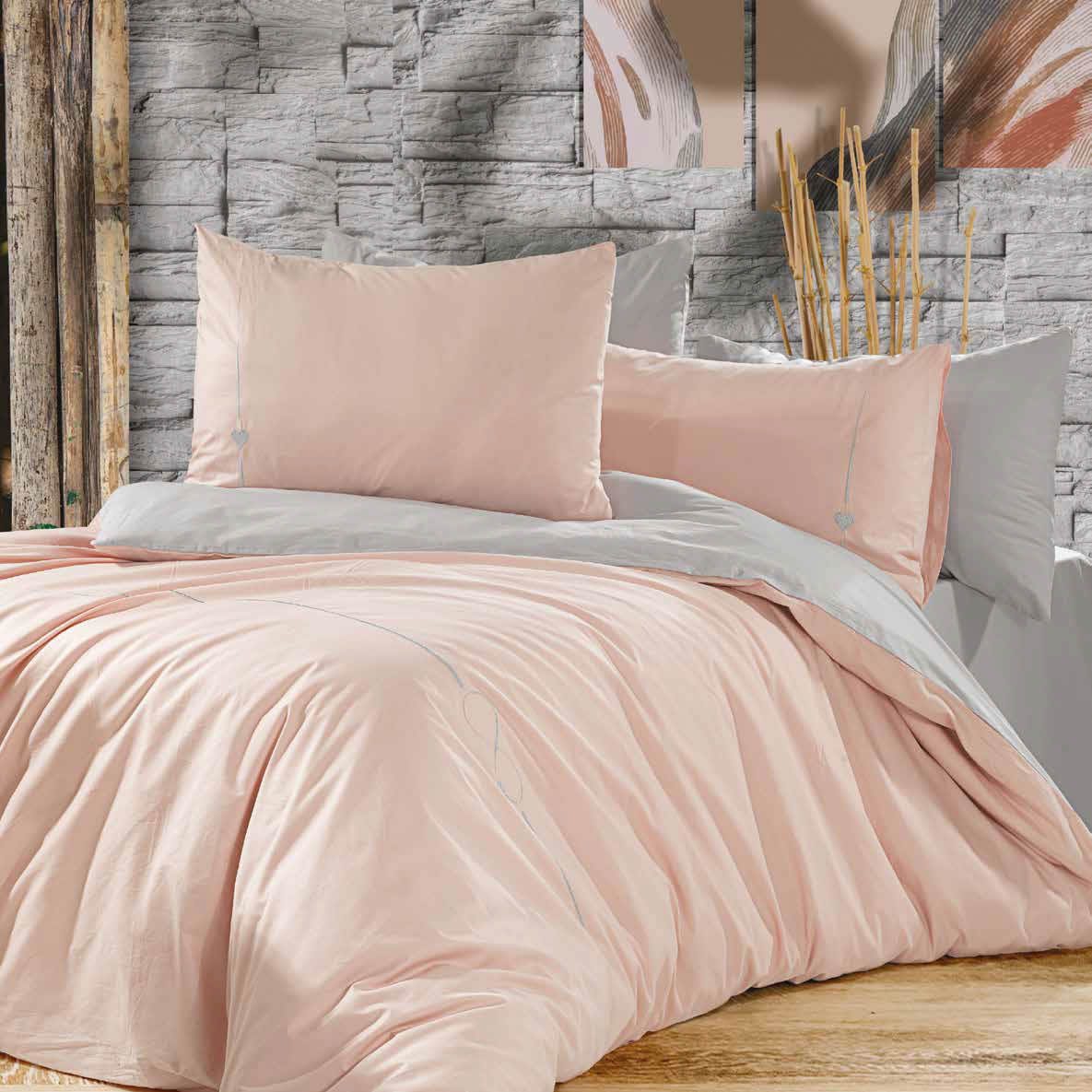 GOLDEN HOME ÇİFT KİŞİLİK PUDRA-GRİ LOVELY MODEL NEVRESİM TAKIMI %100 PAMUK