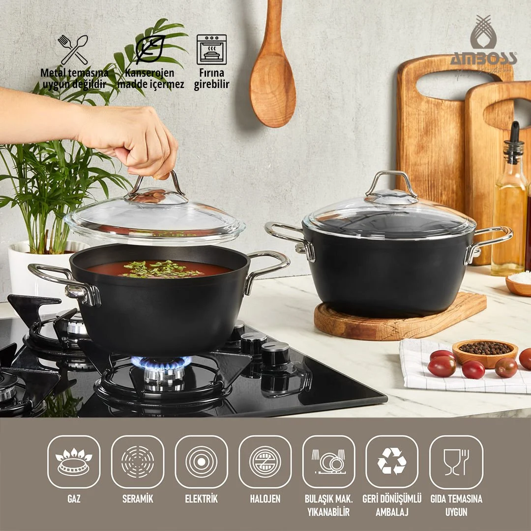 Amboss Dark Derin Tencere  Cam Kapaklı Yanmaz Yapışmaz Titanyum Kaplama   - 20 cm