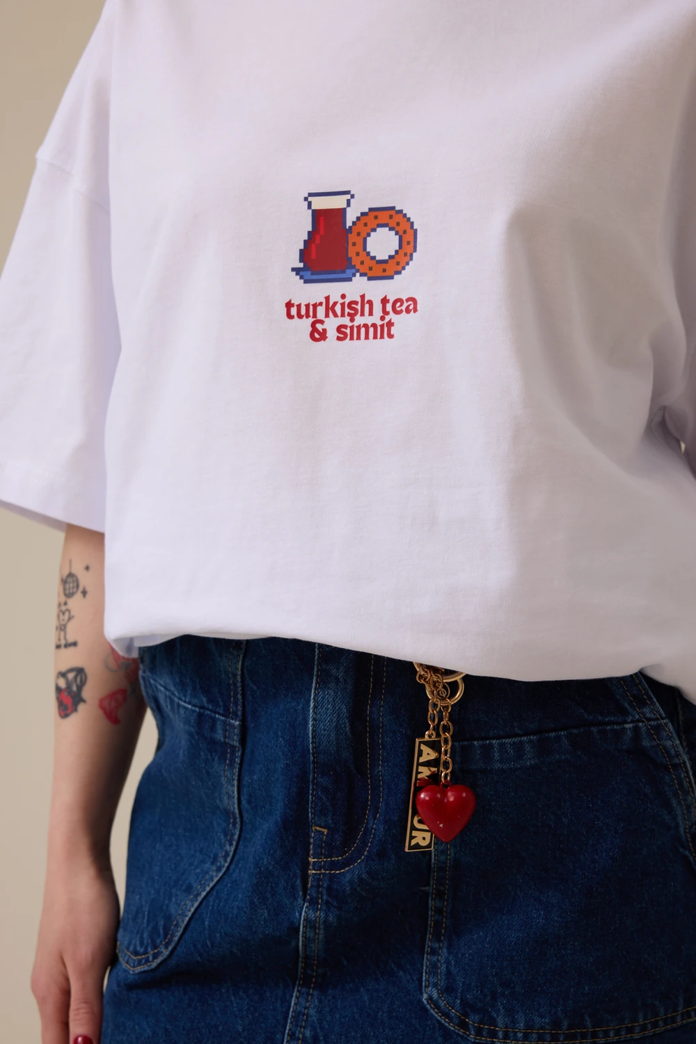 Çay Simit Baskılı Oversize Tişört