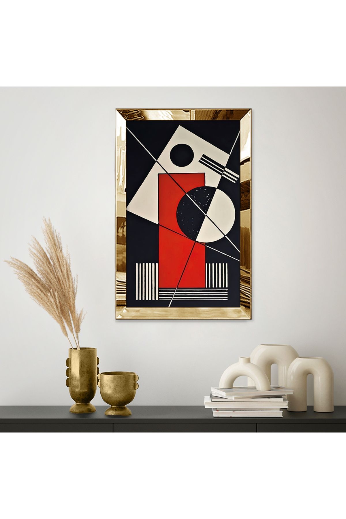 Gold Aynalı Pleksi Çerçeveli Karmaşık Modern Geometrik Desenliler Mdf Tablo