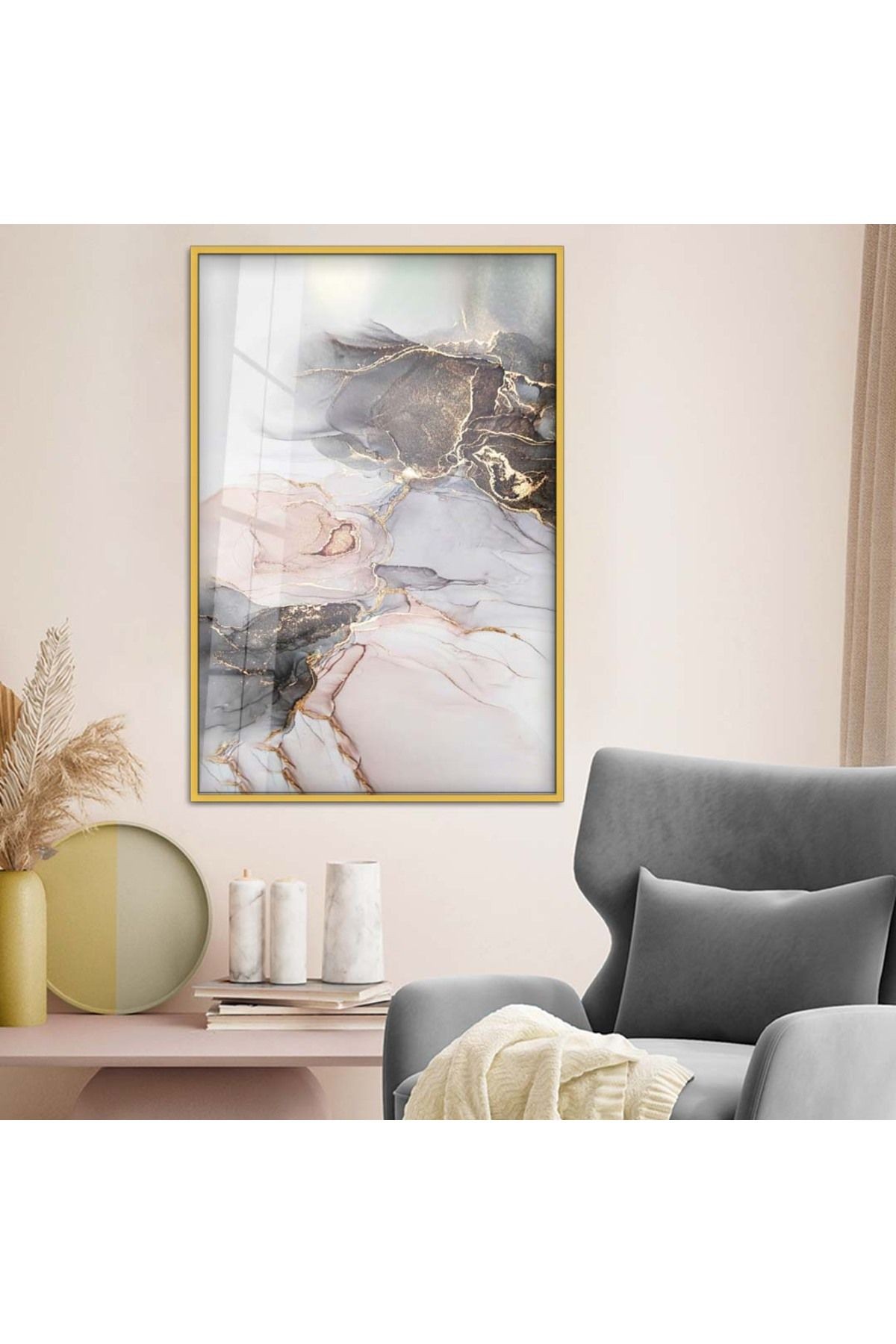 Gold Metal Çerçeveli Modern Çizim Soyut Tema Kırılmaz Cam Tablo