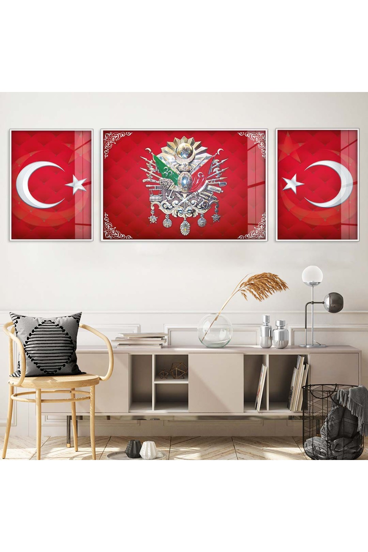 Huzur Osmanlı Tuğrası  3'Lü Metal Çerçeveli UV Baskı Kırılmaz Cam Tablo