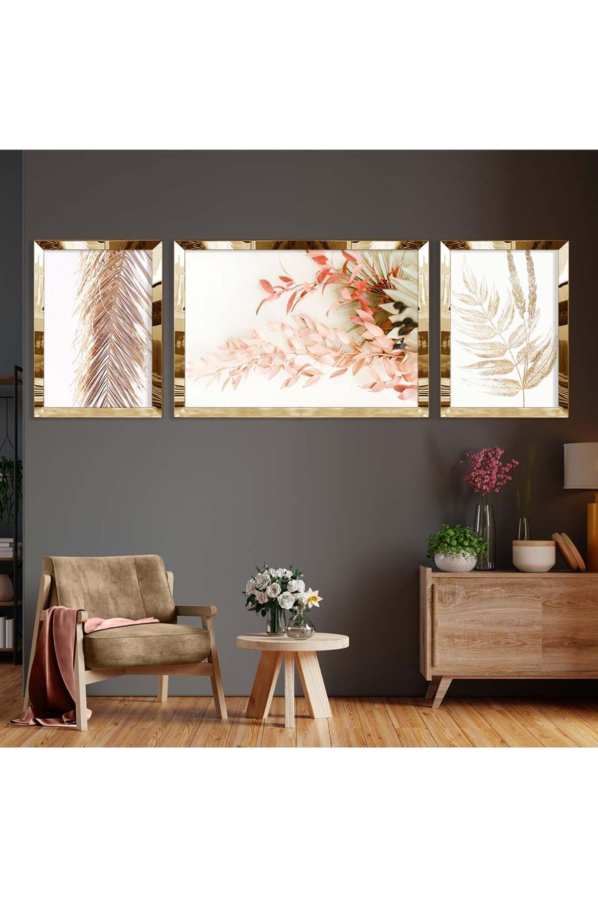Gold Aynalı Pleksi Çerçeveli Üçlü Pembe Yapraklı Çiçek Mdf Tablo Seti