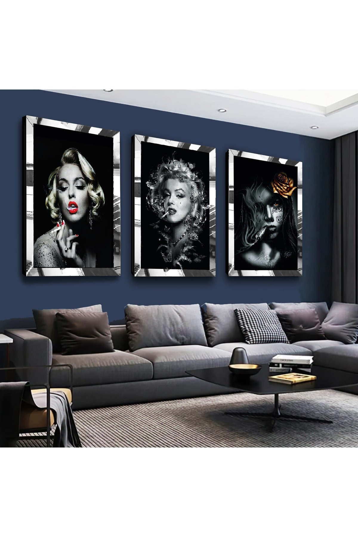 Marilyn Monroe Gold Pleksi Kenar 3'Lü Solmaz MDF Tablo Seti