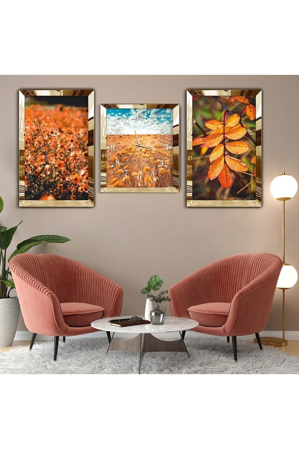 Duvar Sanatı Modern Tablo Gold Pleksi Kenar 3'Lü Solmaz MDF Tablo Saat Seti
