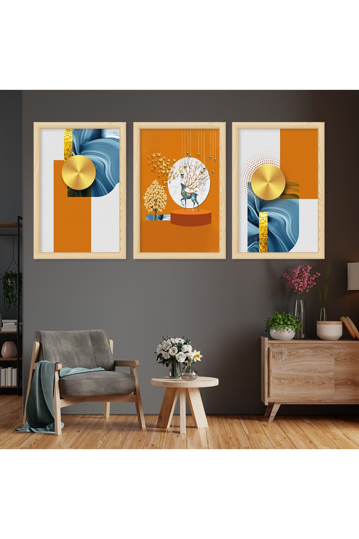 Tasarım Minimalist Ahşap Çerçeveli Kolaj Çizim Modern Tablo