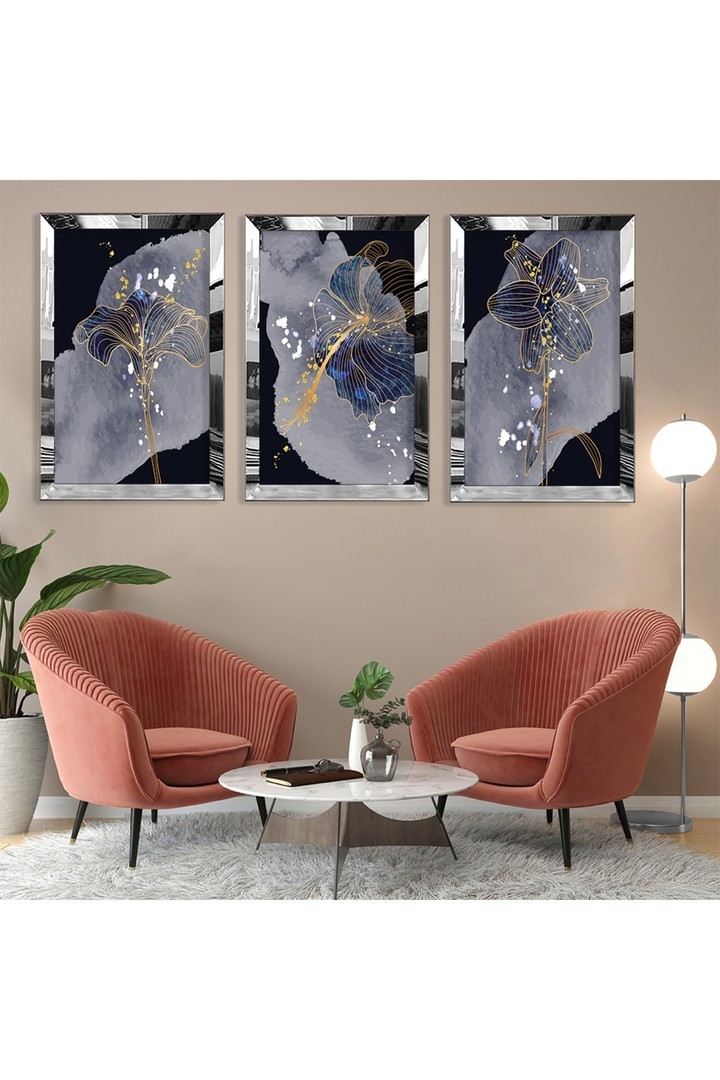 Mor Bitki Soyut Desen Gold Pleksi Kenar 3'Lü Solmaz MDF Tablo