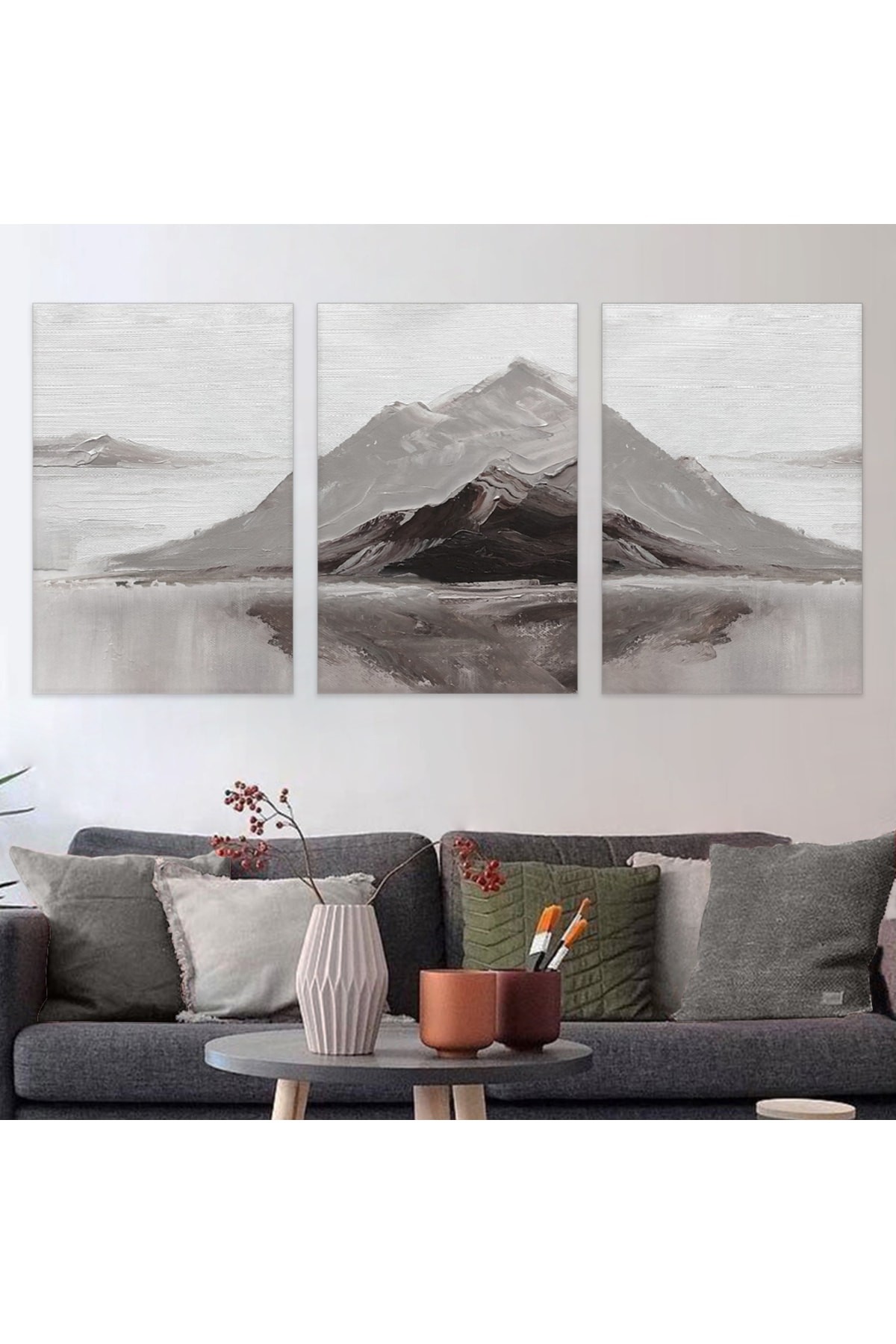 Minimalist Dağ Manzara Soyut Desen 3'Lü Ahşap Şase Dijital Baskı Kanvas Tablo