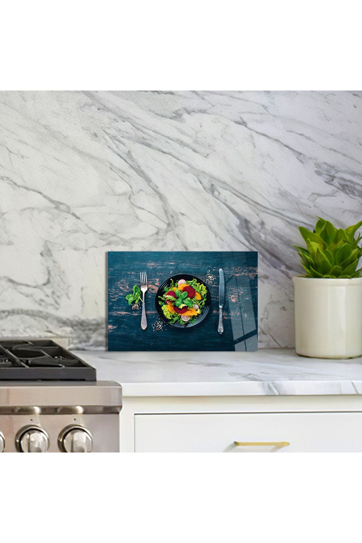 Cam Kesme Tahtası Çatal Bıçak ve Salata Tabağı