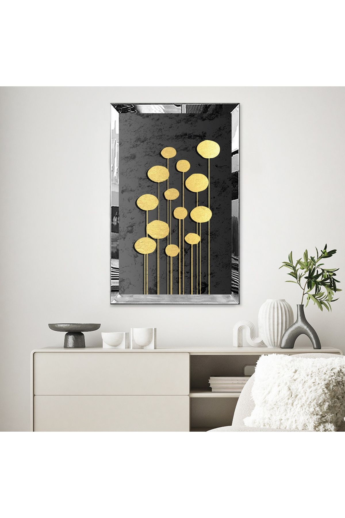 Gold Aynalı Pleksi Çerçeveli Modern Altın Renkli Çiçekler Mdf Tablo