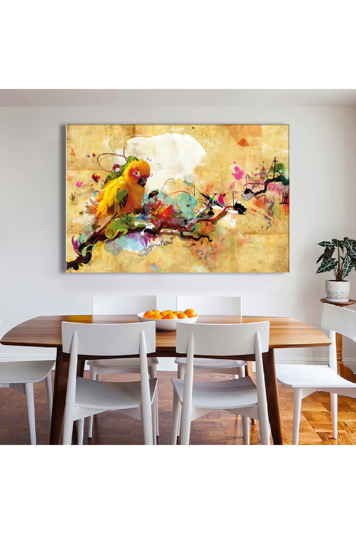 Sarı Papağan Ahşap Şase Dijital Baskı Kanvas Tablo 120X80Cm