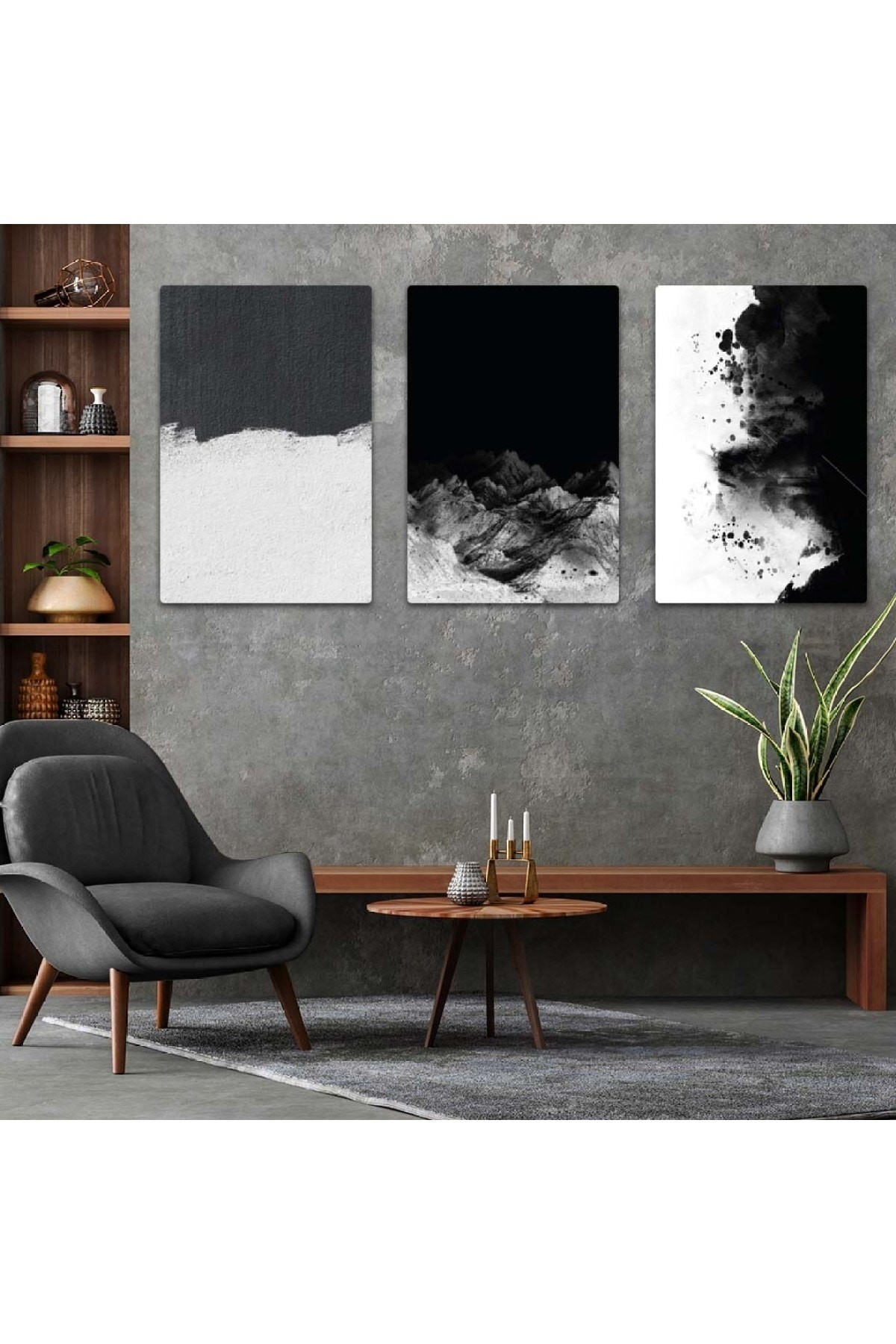 Siyah Beyaz Modern 3'Lü Solmaz MDF Tablo Set