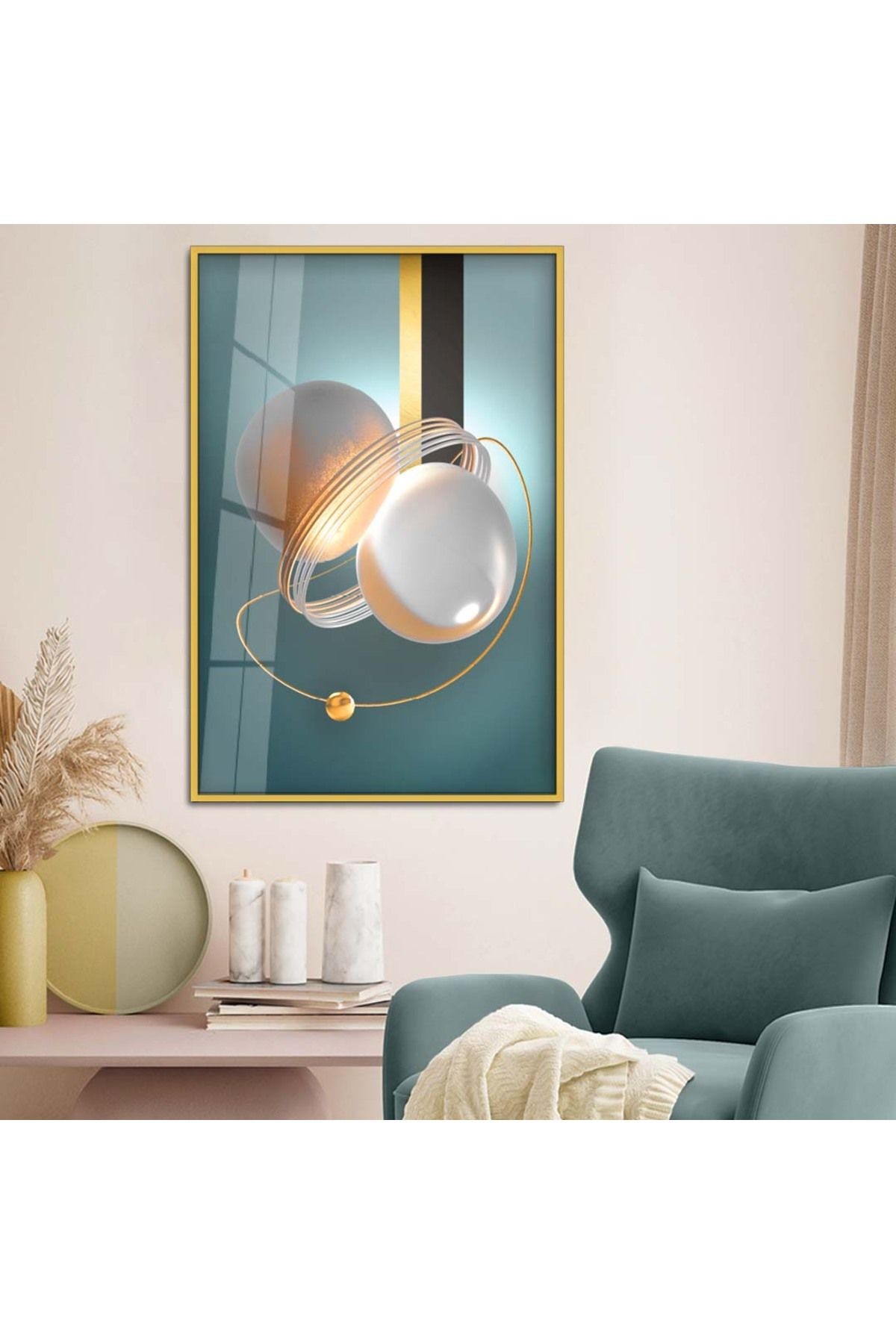 Gold Metal Çerçeveli Geometrik Çizim Soyut Tema Kırılmaz Cam Tablo