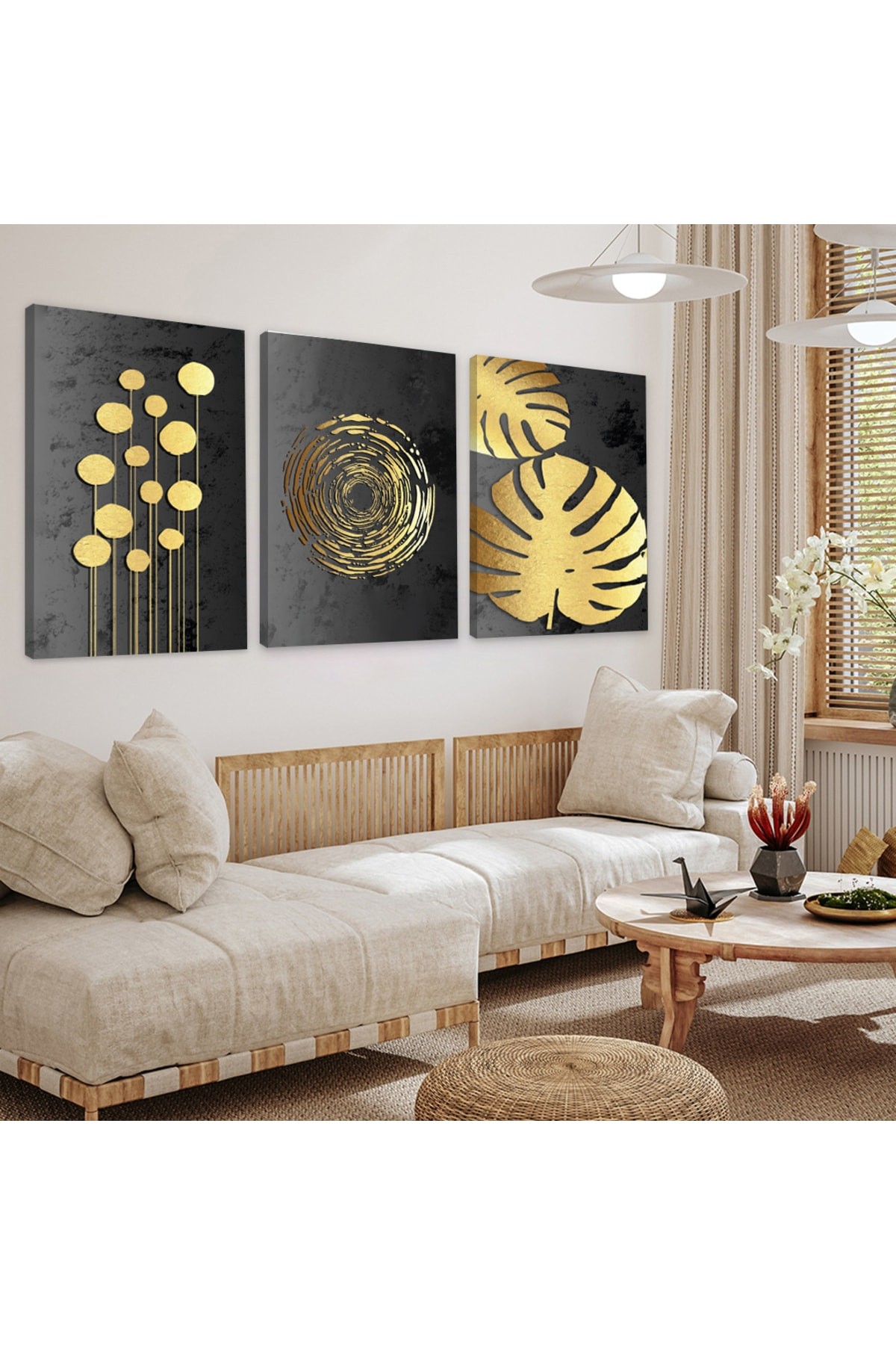 Minimalist Tablo Soyut Desen Yaprak 3'Lü Ahşap Şase Dijital Baskı Kanvas Tablo