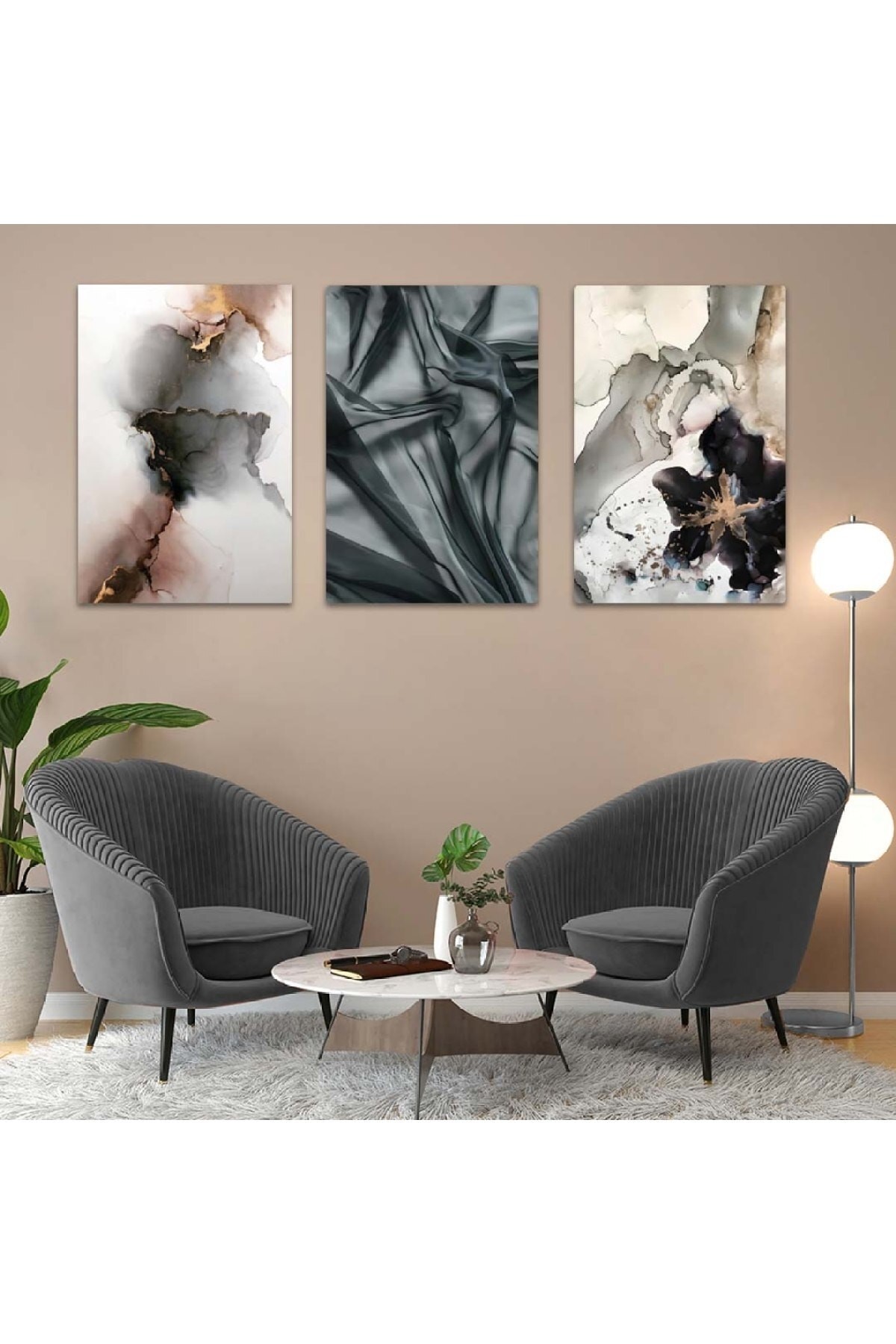 Salon Tablosu Kolaj Çizim 3'Lü Solmaz MDF Tablo Set