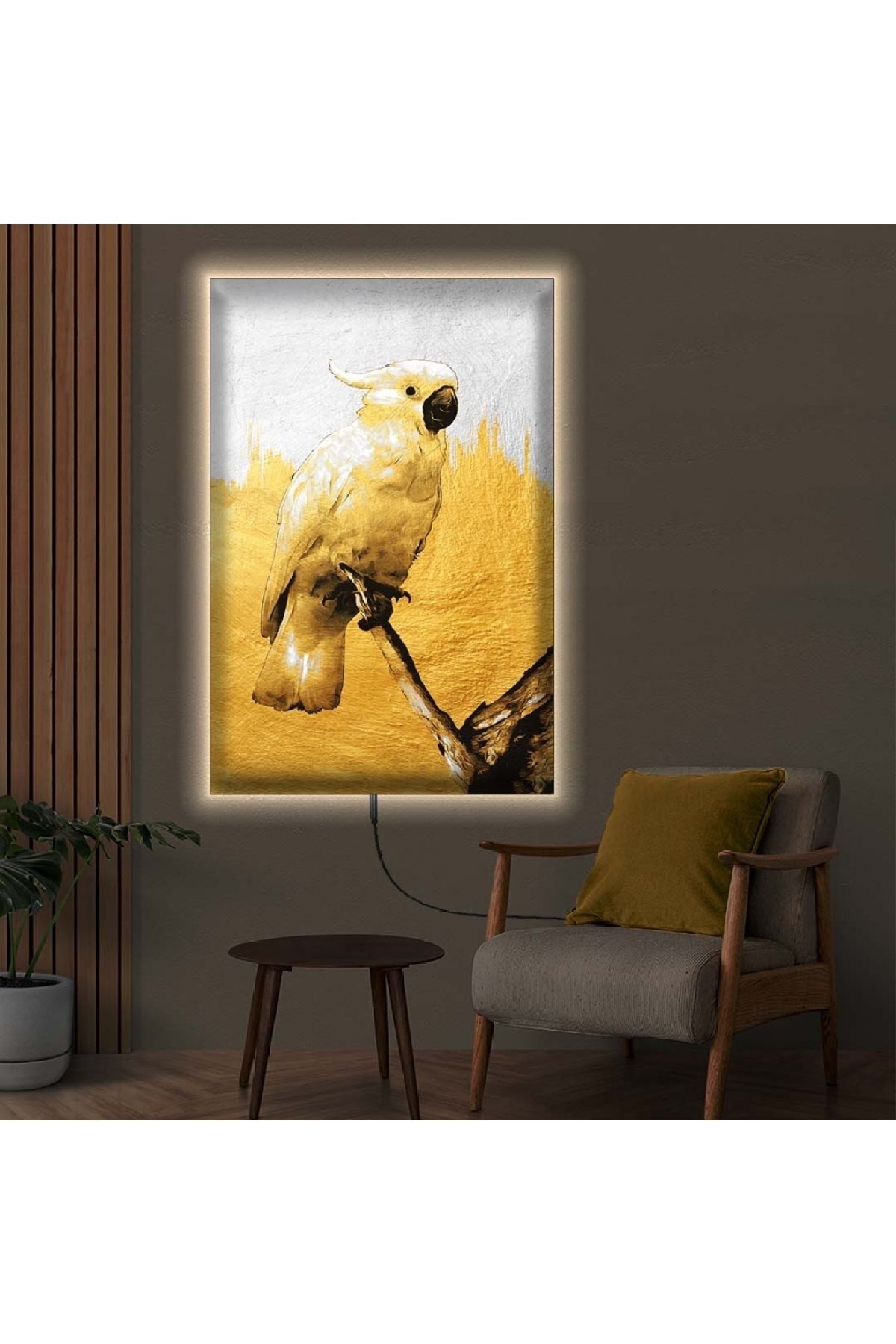 Ledli Papağan Ahşap Şase Dijital Baskı Kanvas Tablo 90X60Cm