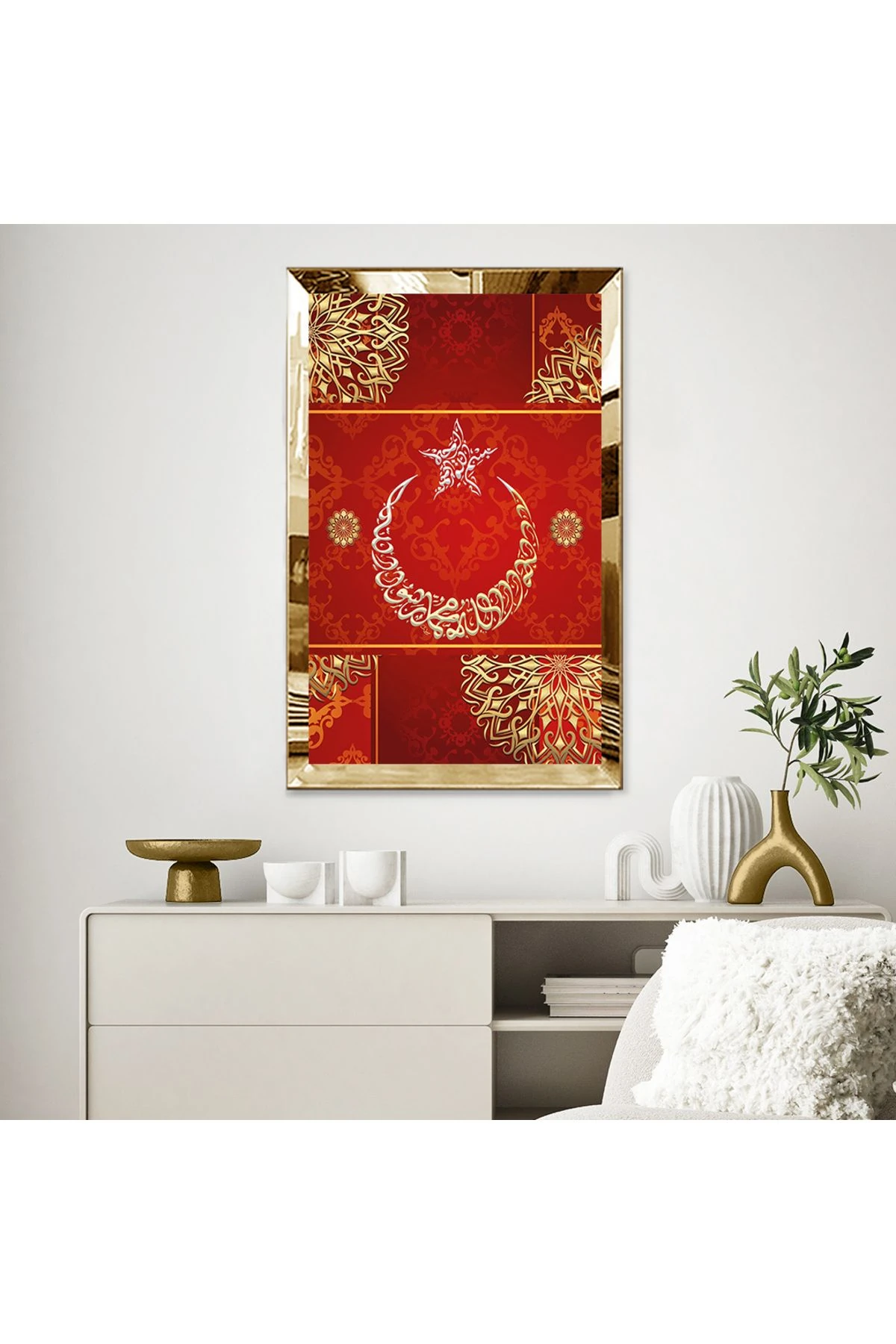 Gold Aynalı Pleksi Çerçeveli Kırmızı Arka Planlı Ay Yıldız Mdf Tablo