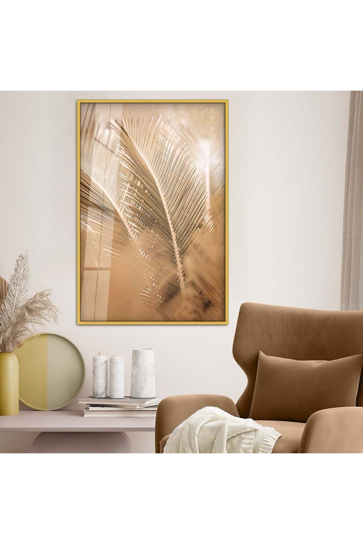 Gold Metal Çerçeveli Yaprak Desen Kırılmaz Cam Tablo