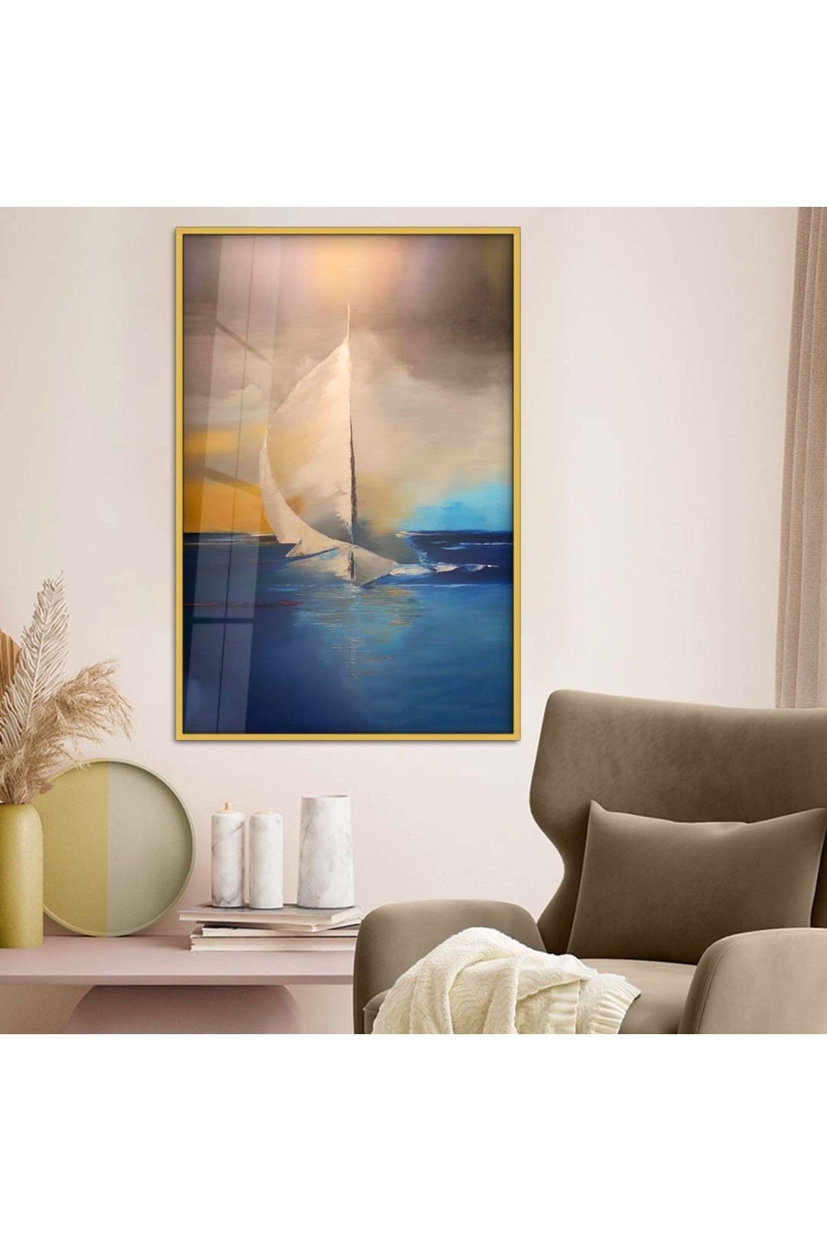 Gold Metal Çerçeveli Modern Çizim Kırılmaz Cam Tablo