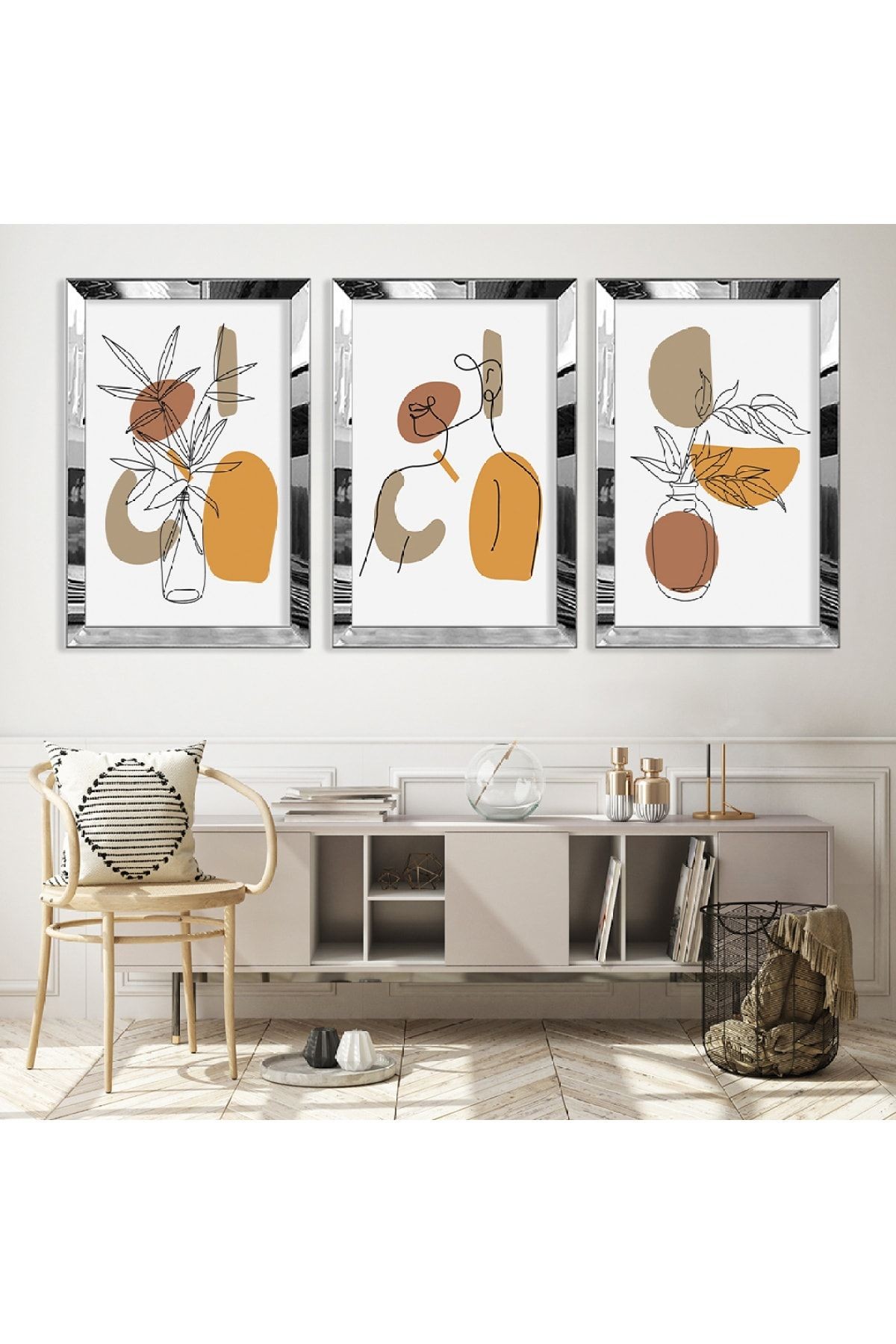 Gümüş Aynalı Pleksi Çerçeveli Minimalist Üçlü Soyut Desen Üçlü Mdf Tablo Seti