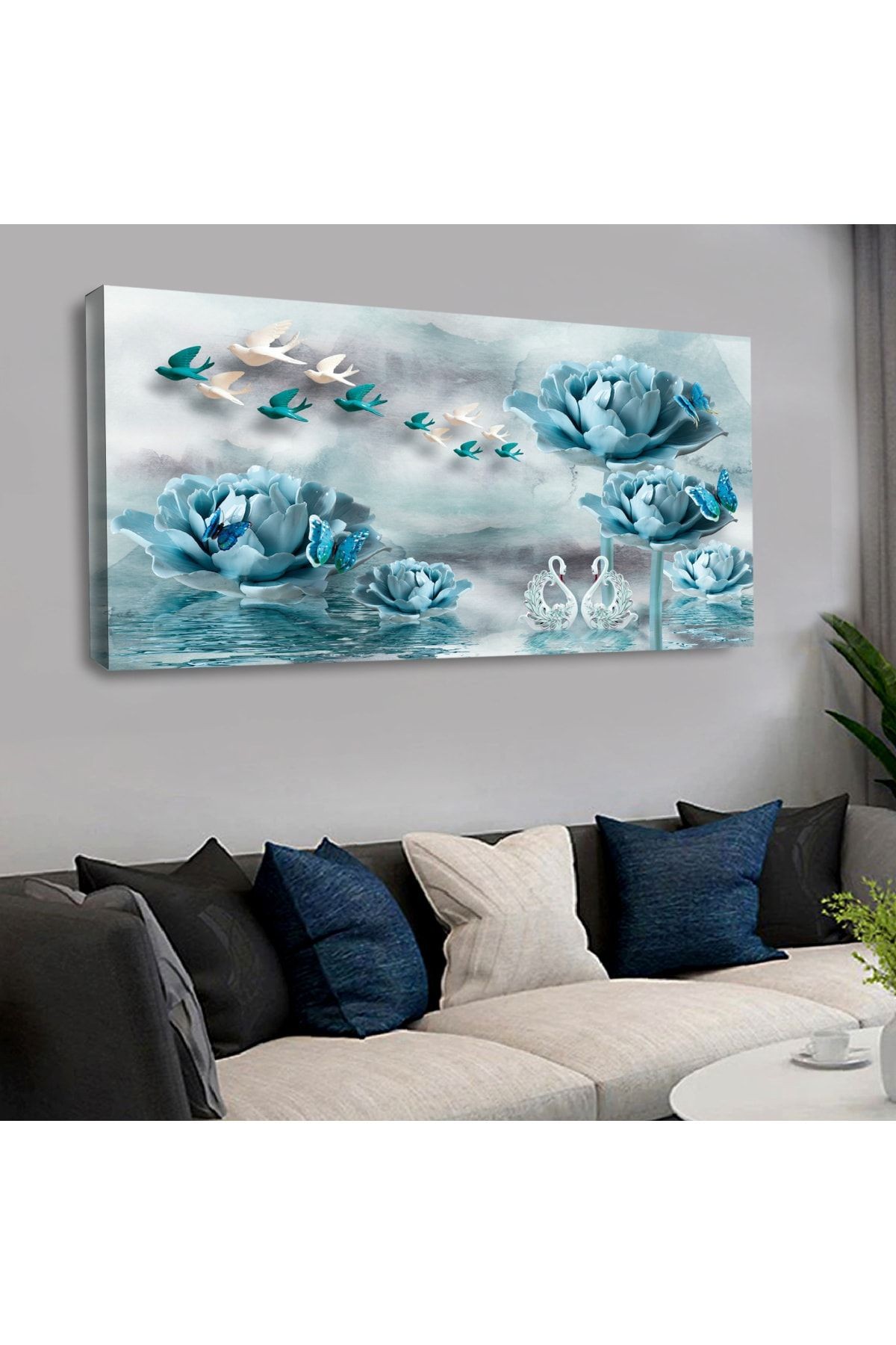 120 X 60 Cm Kanvas Mavi Çiçek Tablo