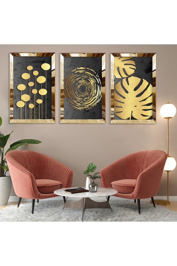 Salon Tablosu Soyut Desen Yaprak Gold Pleksi Kenar 3'Lü Solmaz MDF Tablo