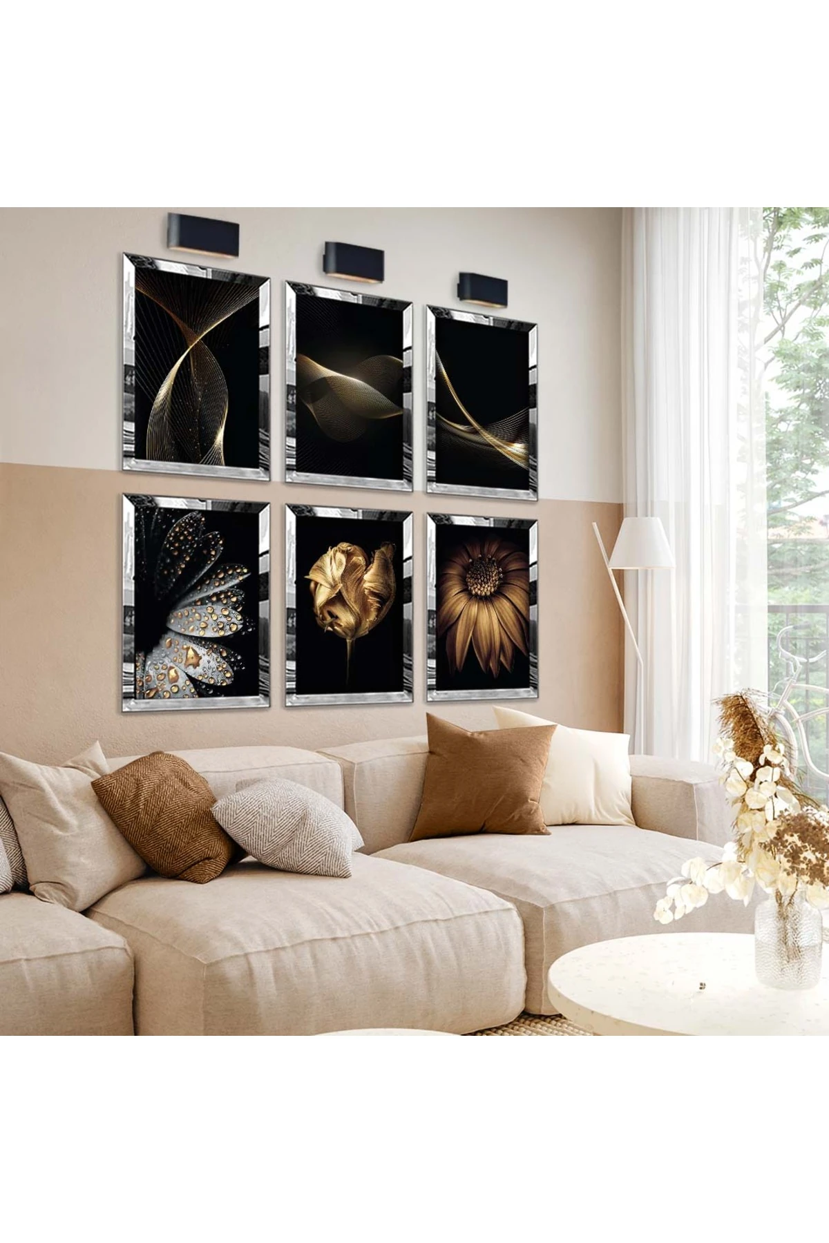 Gold Detay Çiçek 6'Lı Pleksi Kenar Solmaz MDF Tablo Seti