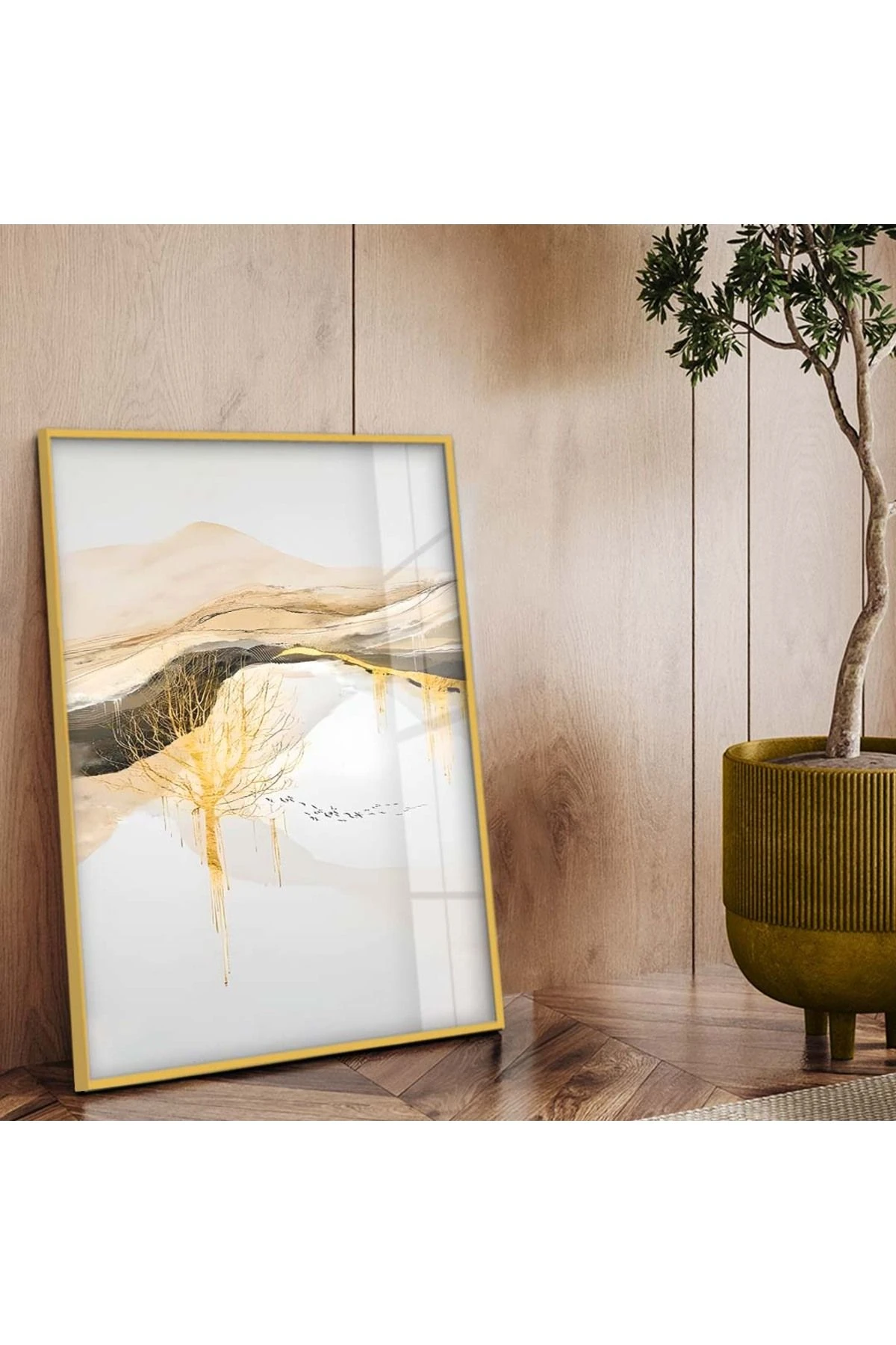 Gold Metal Çerçeveli Kolaj Çizim Soyut Tema Kırılmaz Cam Tablo