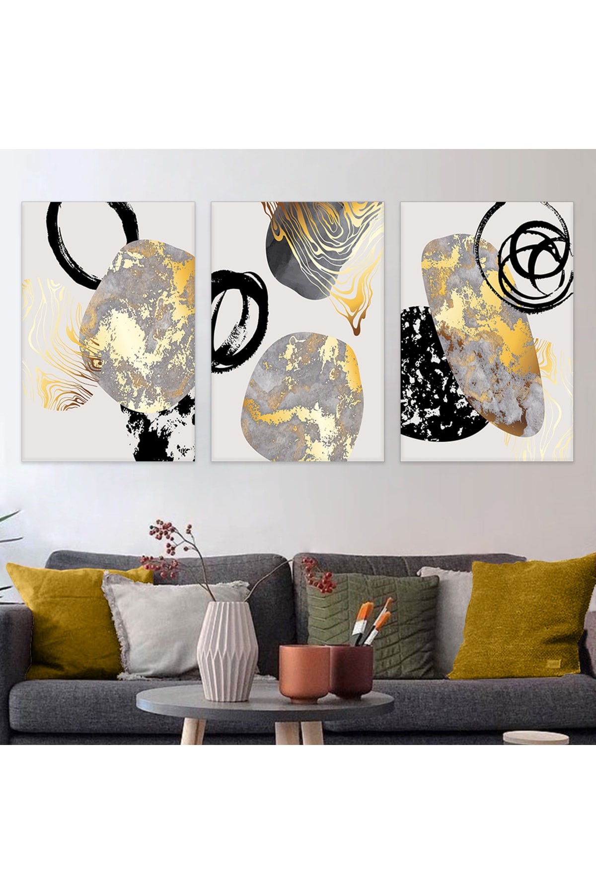 Minimalist Tablo Soyut Desen 3'Lü Ahşap Şase Dijital Baskı Kanvas Tablo