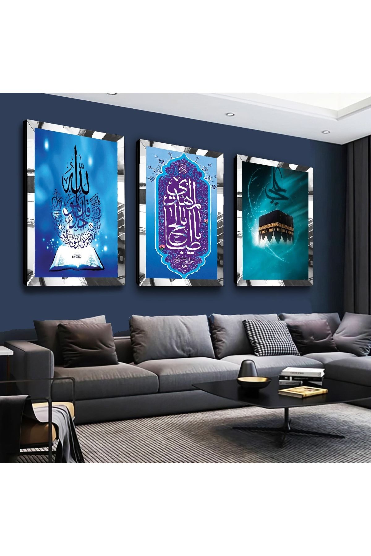 Gold Aynalı Pleksi Çerçeveli Kabe Ve Allah Muhammed Lafzı Dini Üçlü Mdf Tablo Seti