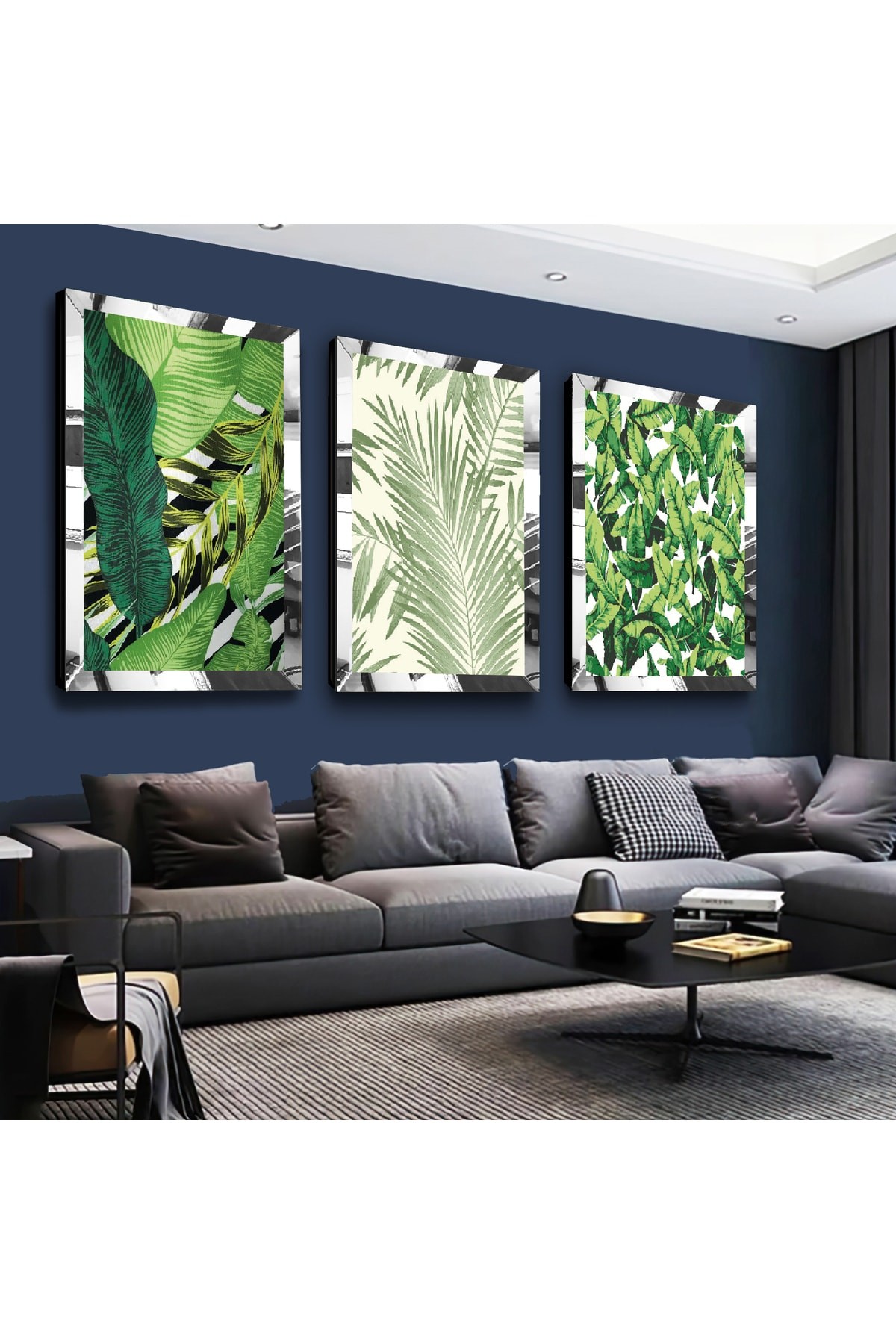 Yeşil Yapraklar Modern Gold Pleksi Kenar 3'Lü Solmaz MDF Tablo Seti