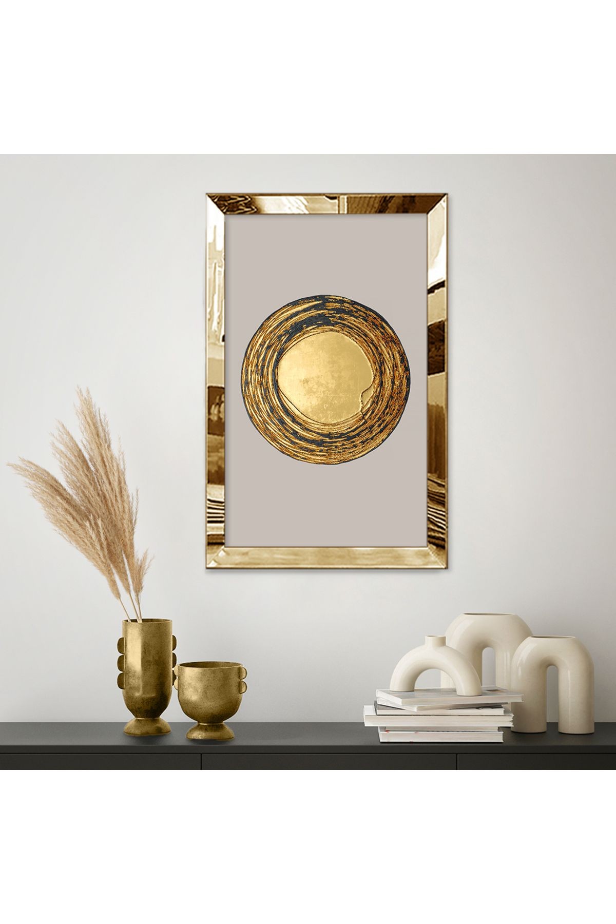 Gold Aynalı Pleksi Çerçeveli Beyaz Arka Planlı Gold Daire Görseli Mdf Tablo