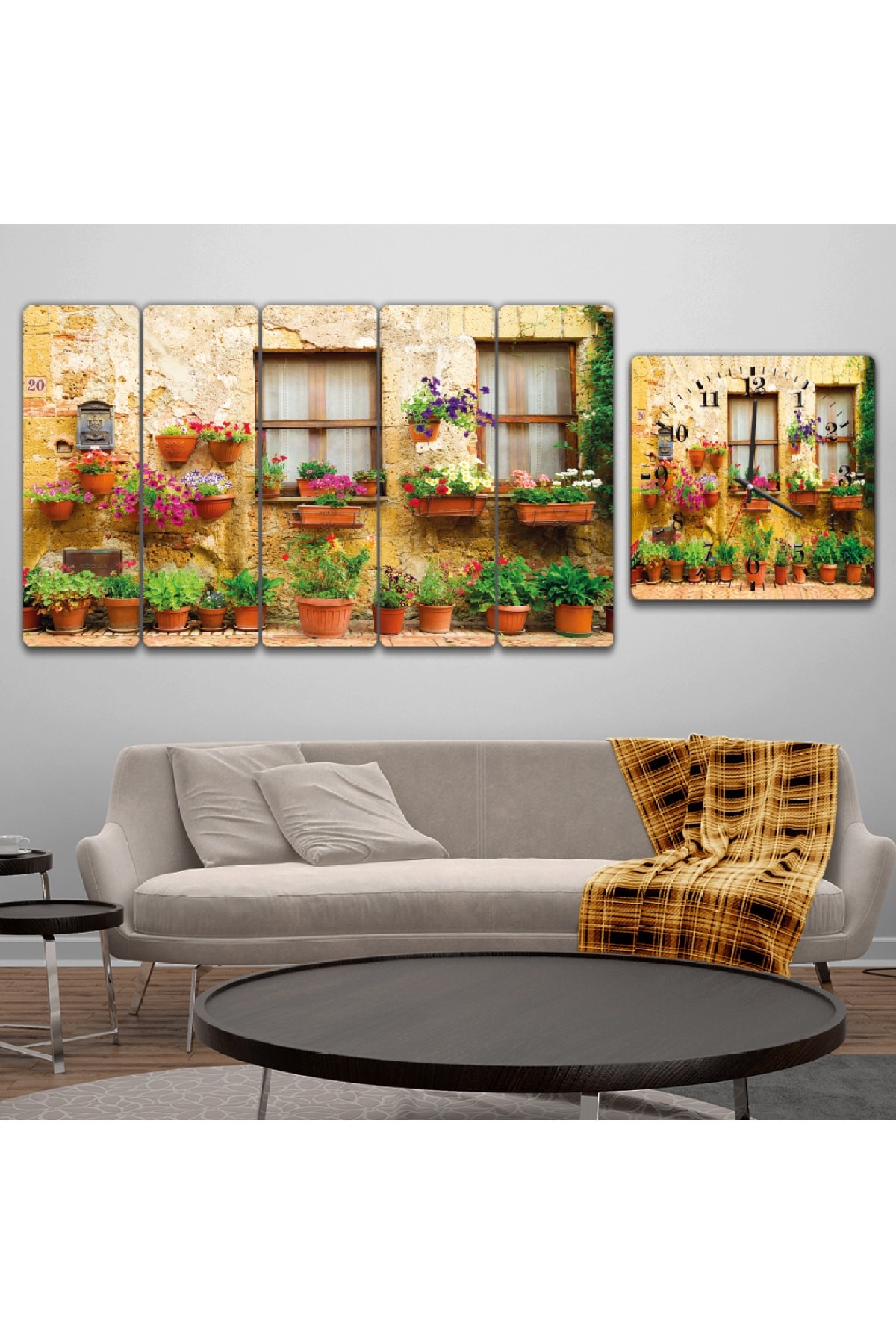 Çiçekli Ev Duvarı Solmaz MDF Tablo Ve Saat Kombin