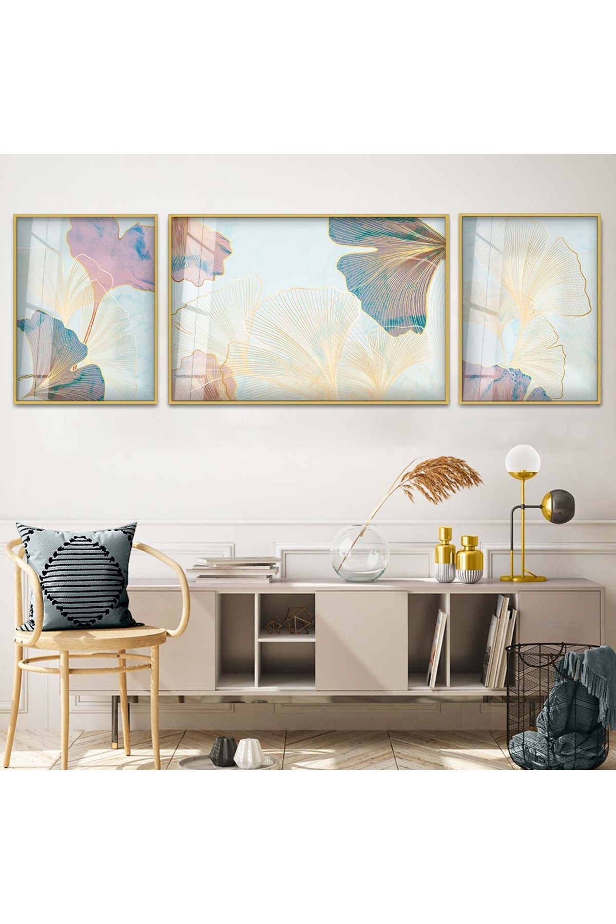Tasarım Modern Tablo Çizim Soyut 3'Lü Metal Çerçeveli UV Baskı Kırılmaz Cam Tablo